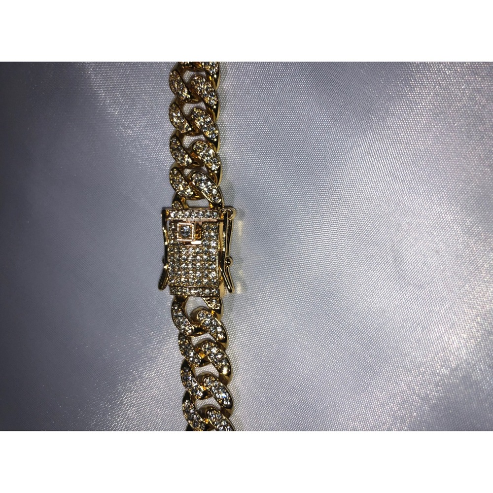Iced Out Gold Tone Miami Cuban Link Chain Necklace Hip Hop Bling Box Clasp - Picture 2 of 5